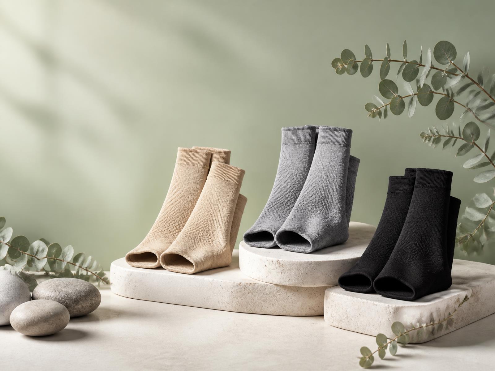 Beige, grey and black Aquralis FlowSocks displayed on stone pedestals against a sage backdrop